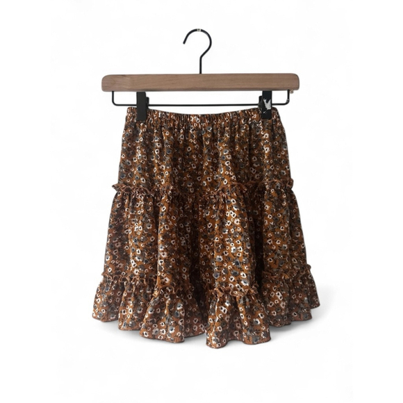 Girls Brown Floral Ruffle Skirt – Youth Size M, Elastic Waist, Boho - Picture 1 of 6